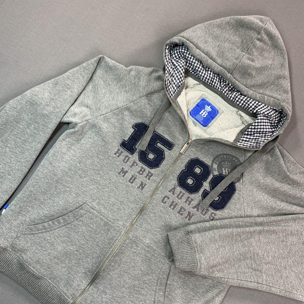 Hofbrauhaus Hoodie Men MD Gray Full Zip Fleece Munich Beer 1589 Graphic Y2K Surf